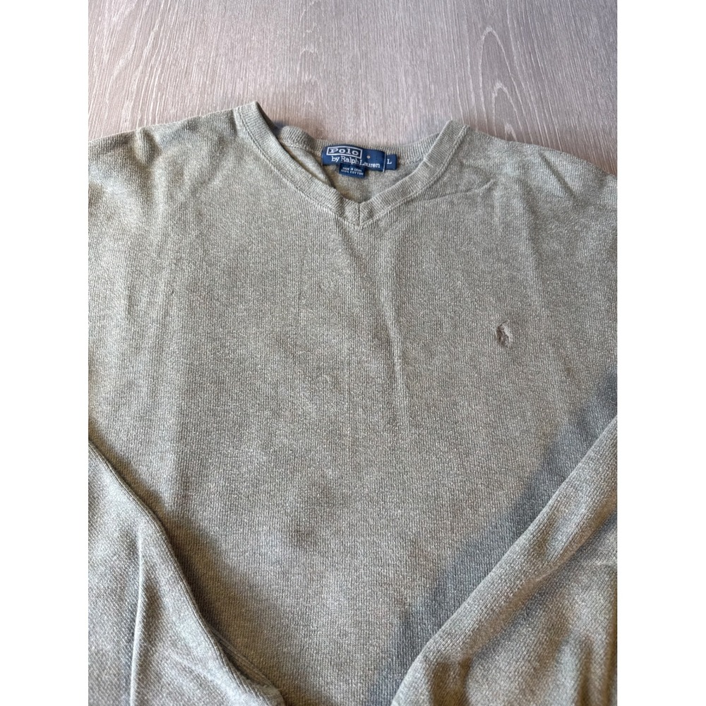 Polo Ralph Lauren Mens V-Neck Sweater Olive Green Cotton Knit Pony Logo Size L